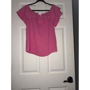 Les Amis Off The Shoulder Flutter Sleeve V Neck Top Pink Medium Nwt 36